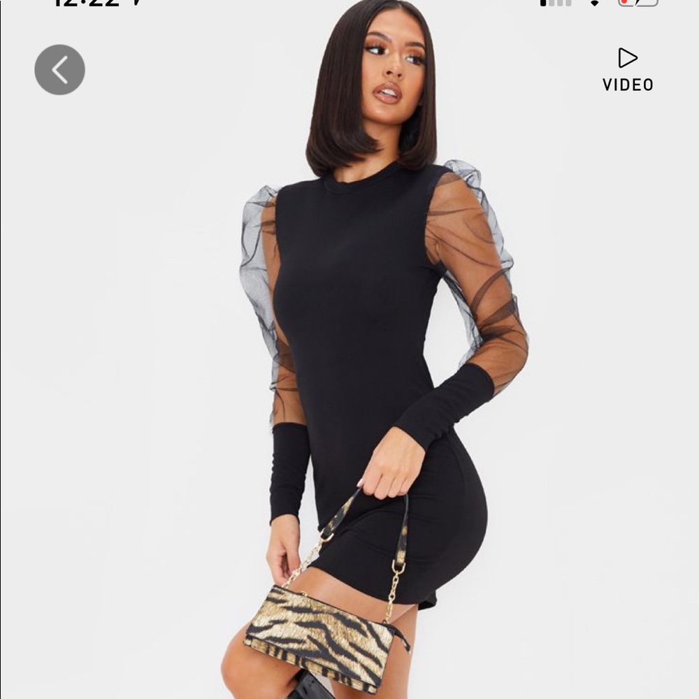 Black Organza Puff Sleeve High Neck Bodycon Dress